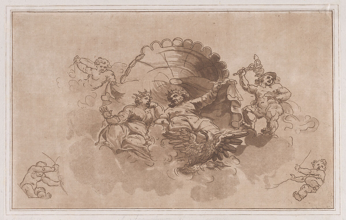 Jupiter and Juno in the clouds, Johann Gottlieb Prestel (German, Grönenbach 1739–1808 Frankfurt) ?, Etching 