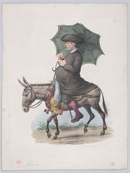 Man riding a donkey holding an umbrella and two roosters, Anonymous, Italian, 19th century (Duna?), Color lithograph 