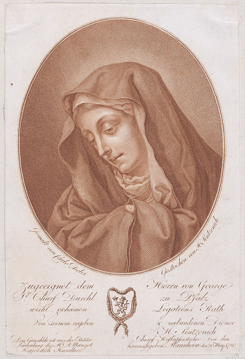 Head of the Madonna, Heinrich Sintzenich (German, Mannheim 1752–1812 Munich), Etching printed in brown ink 
