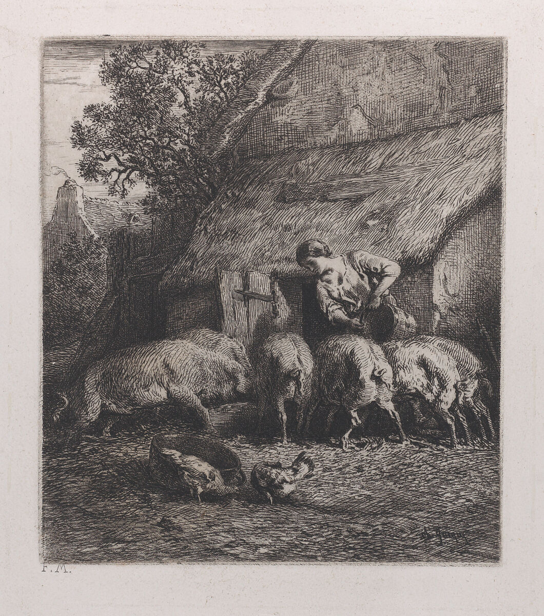 Woman Feeding Pigs, Charles Jacque (French, Paris 1813–1894 Paris), Etching 
