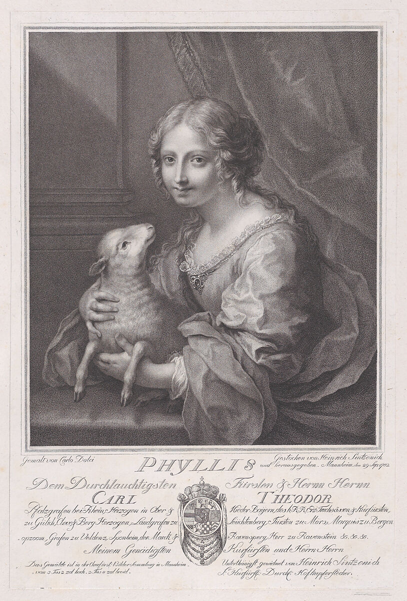 Phyllis holding a lamb, Heinrich Sintzenich (German, Mannheim 1752–1812 Munich), Stipple engraving 