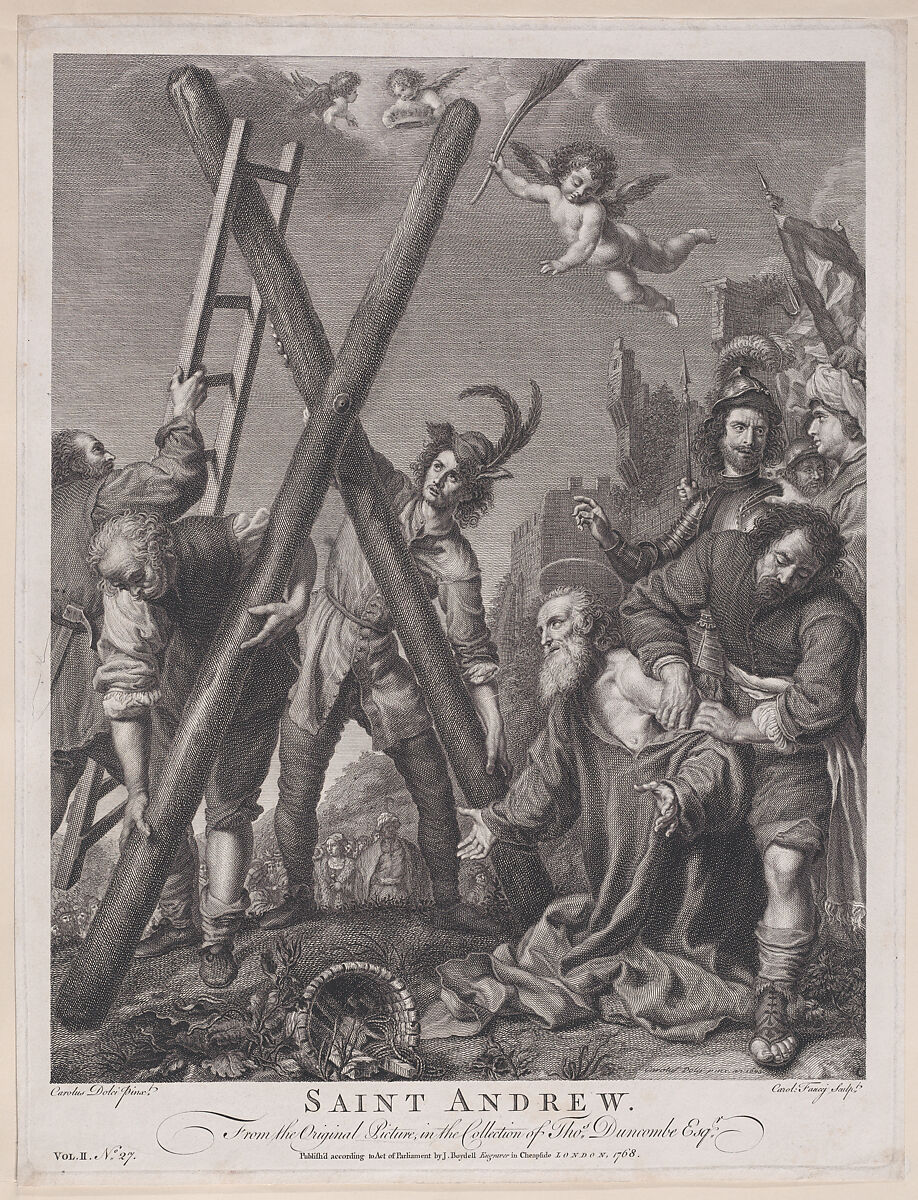 Saint Andrew kneeling and adoring the cross, Carlo Faucci (Italian, 1729–ca. 1784), Etching and engraving 