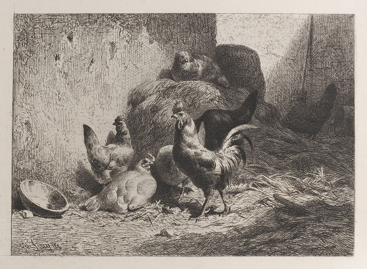 Rooster and Hens, Charles Jacque (French, Paris 1813–1894 Paris), Etching 