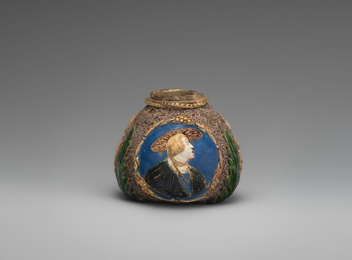 Hafner ware pot with portraits of Ferdinand I, King of Hungary (1503–64), Anne of Hungary (1503–47), and probably Emperor Charles V (1519–56), Hard fired earthenware with sand decoration and polychrome tin-glaze and lead-glaze decoration, traces of gilding, Germany, Nuremburg