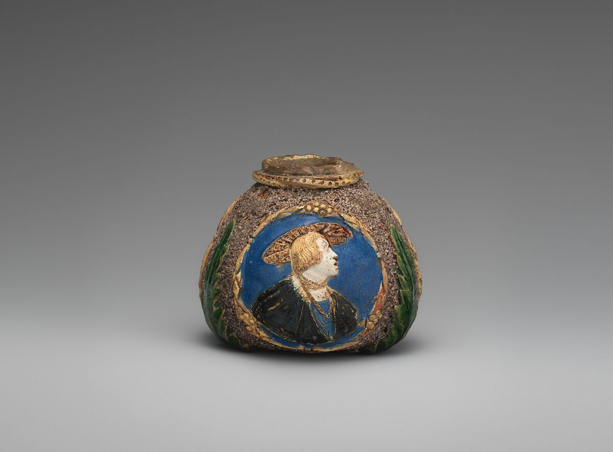 Hafner ware pot with portraits of Ferdinand I, King of Hungary (1503–64), Anne of Hungary (1503–47), and probably Emperor Charles V (1519–56), Hard fired earthenware with sand decoration and polychrome tin-glaze and lead-glaze decoration, traces of gilding, Germany, Nuremburg 