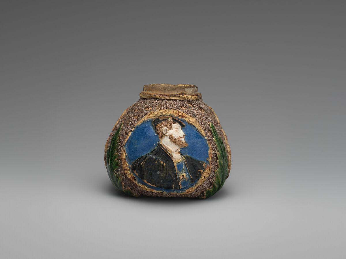 Hafner ware pot with portraits of Ferdinand I, King of Hungary (1503–64), Anne of Hungary (1503–47), and probably Emperor Charles V (1519–56), Hard fired earthenware with sand decoration and polychrome tin-glaze and lead-glaze decoration, traces of gilding, Germany, Nuremburg