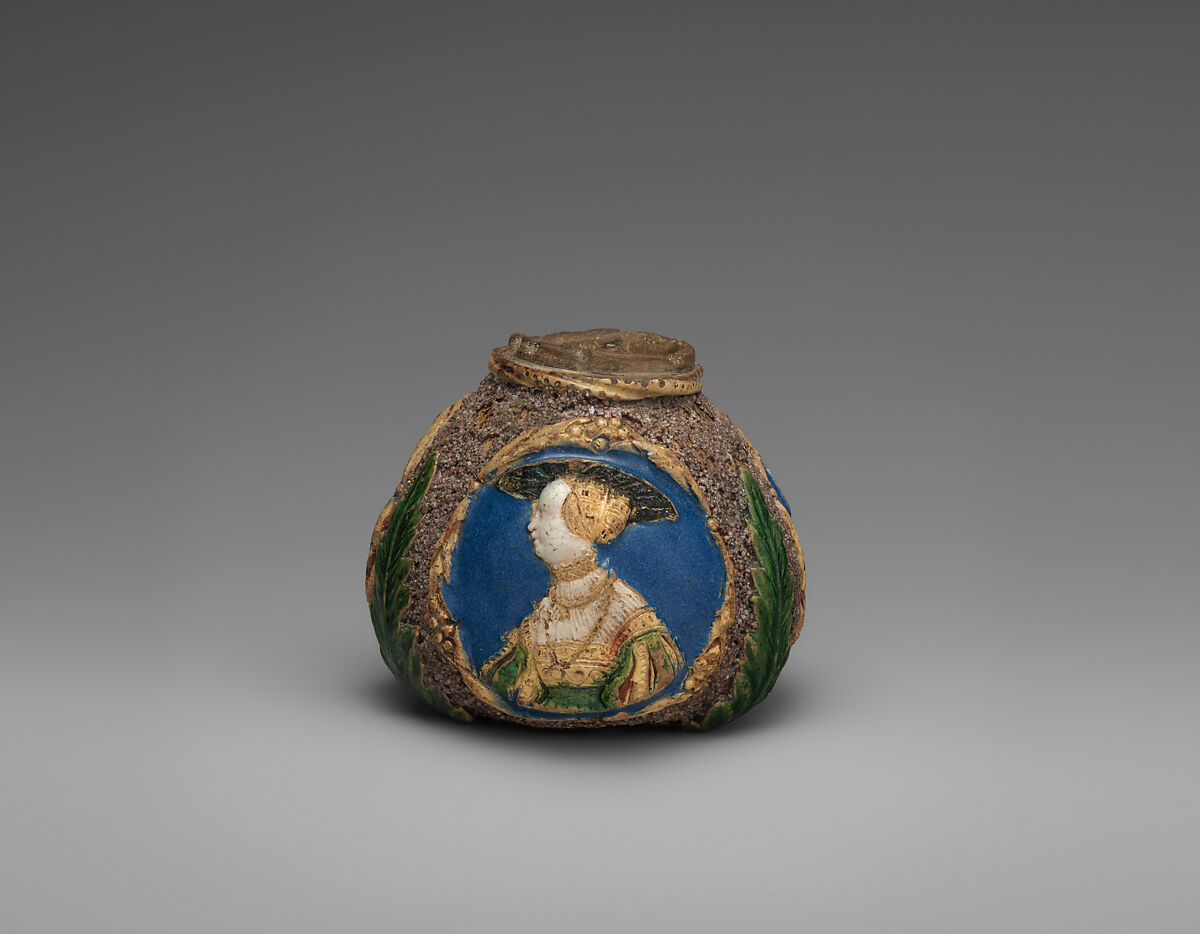 Hafner ware pot with portraits of Ferdinand I, King of Hungary (1503–64), Anne of Hungary (1503–47), and probably Emperor Charles V (1519–56), Hard fired earthenware with sand decoration and polychrome tin-glaze and lead-glaze decoration, traces of gilding, Germany, Nuremburg