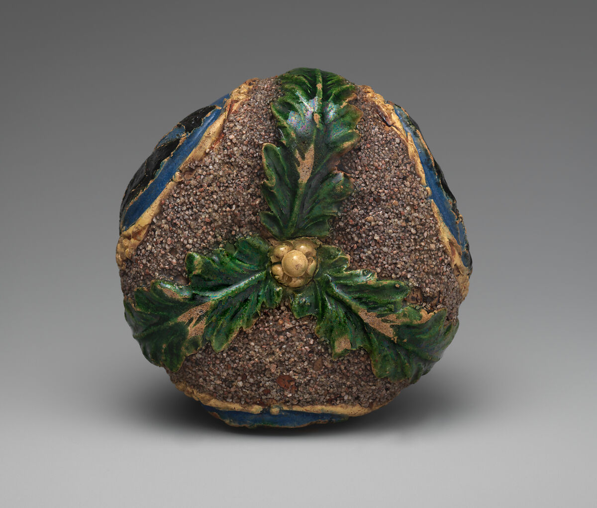 Hafner ware pot with portraits of Ferdinand I, King of Hungary (1503–64), Anne of Hungary (1503–47), and probably Emperor Charles V (1519–56), Hard fired earthenware with sand decoration and polychrome tin-glaze and lead-glaze decoration, traces of gilding, Germany, Nuremburg