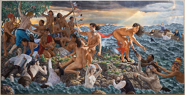 mistikôsiwak (Wooden Boat People): Welcoming the Newcomers, Kent Monkman (First Nations, Cree, born Saint Marys, Ontario 1965), Acrylic on canvas 