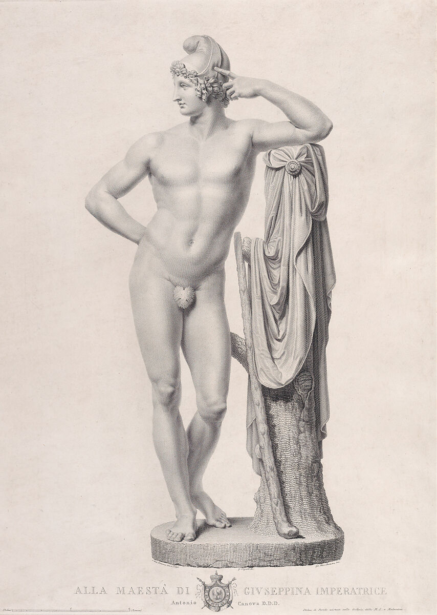 Paris leaning on tree stump, frontal view, from "Oeuvre de Canova: Recueil de Statues...", Giovanni Battista Balestra (Italian, Bassano del Grappa 1774–1842 Rome), Engraving and etching 