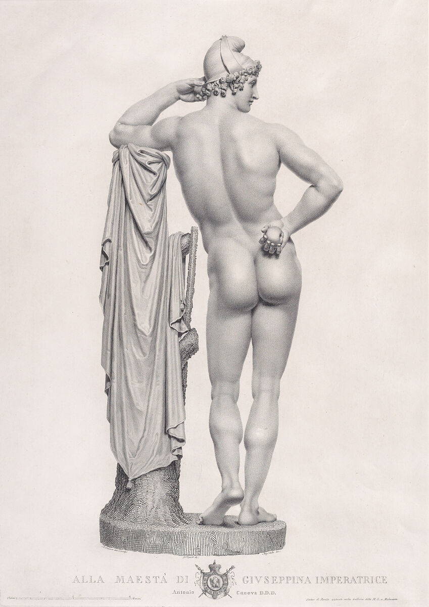 Paris leaning on tree stump, back view, from "Oeuvre de Canova: Recueil de Statues...", Angelo Testa (Italian, born ca. 1775), Engraving and etching 