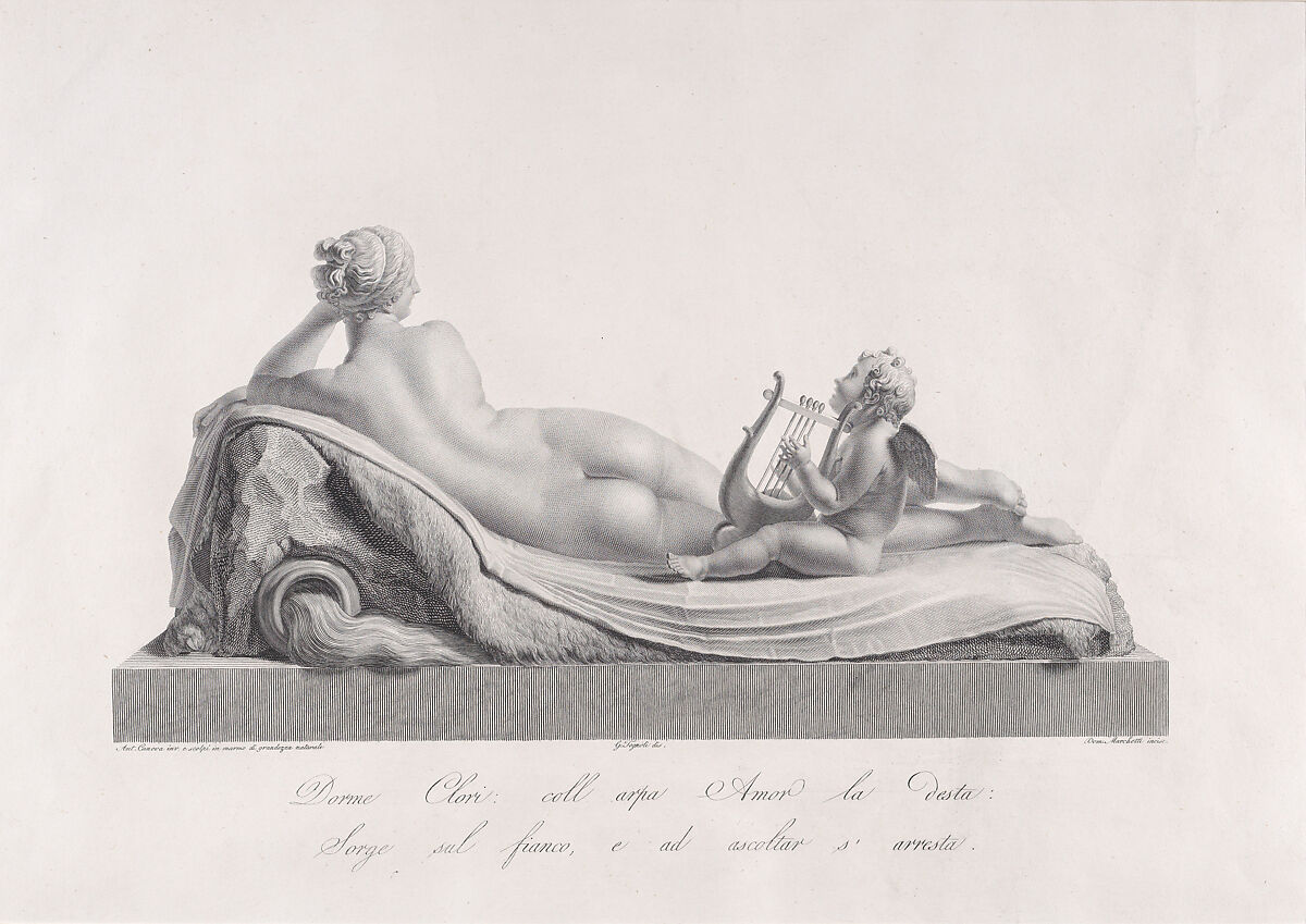 Back view of Venus reclining accompanied by Cupid with a harp, from "Oeuvre de Canova: Recueil de Statues...", Domenico Marchetti (Italian, Rome ca. 1780–after 1844 Rome), Engraving and etching 