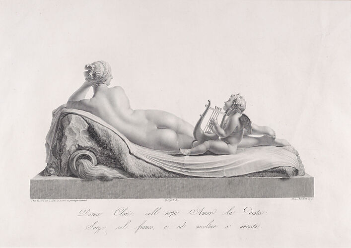 Back view of Venus reclining accompanied by Cupid with a harp, from 