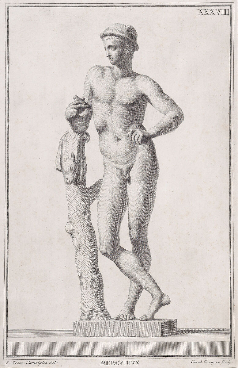 Plate XXXVIII (38): Mercury, from "Museum Florentinum" (Statuae antiquae dorum et virorum illustrium), Carlo Gregori (Italian, Florence 1719–1759 Florence), Engraving and etching 