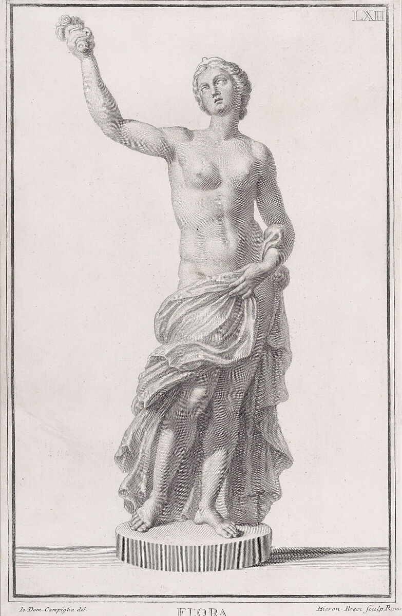 Plate LXII (62): Flora, from "Museum Florentinum" (Statuae antiquae dorum et virorum illustrium), Girolamo Rossi the Younger (Italian, 1680–ca. 1762), Engraving and etching 