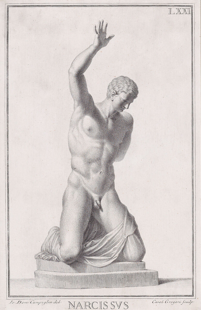 Plate LXXI (71): Narcissus, from "Museum Florentinum" (Statuae antiquae dorum et virorum illustrium), Carlo Gregori (Italian, Florence 1719–1759 Florence), Engraving and etching 