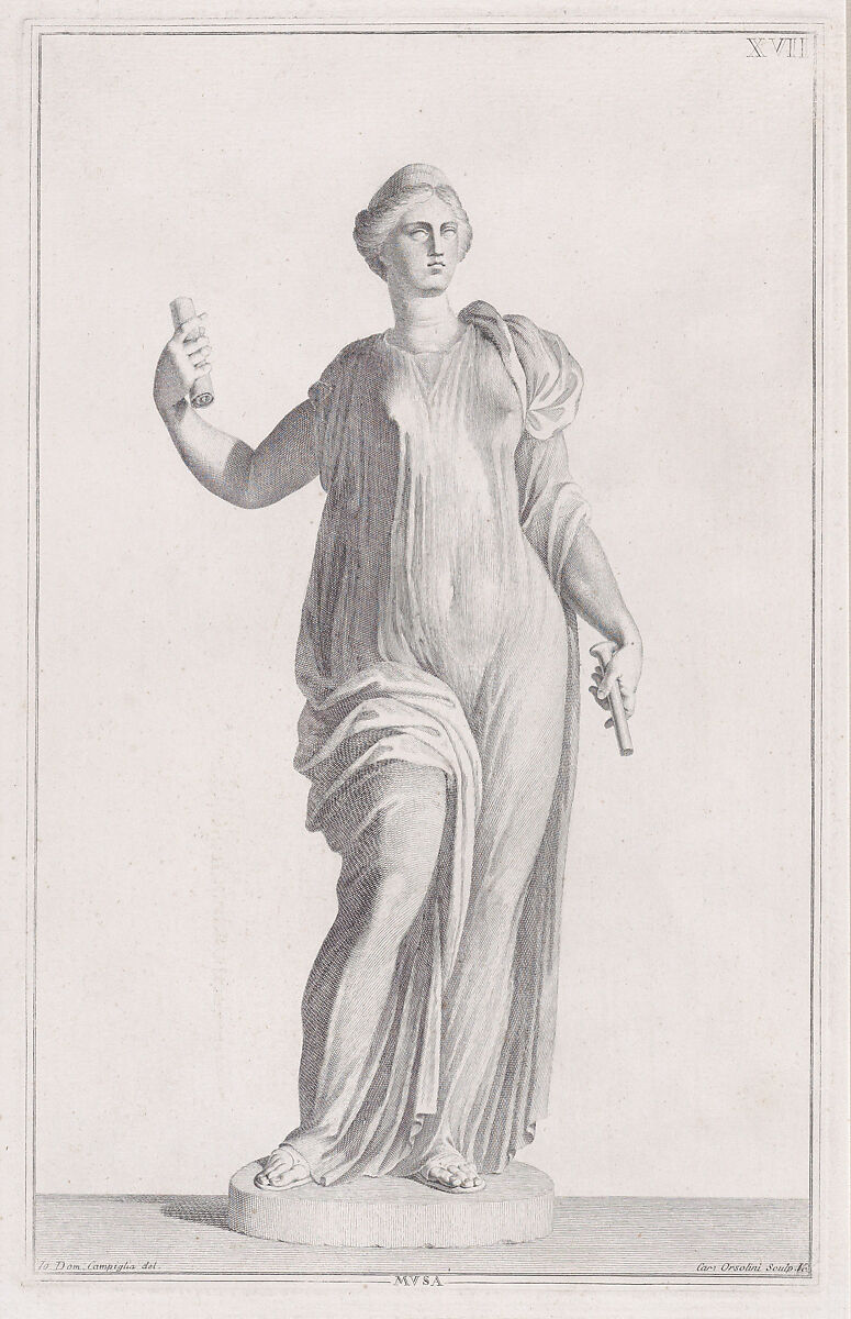 Plate XVII  (17): A Muse, from "Museum Florentinum" (Statuae antiquae dorum et virorum illustrium), Carlo Orsolini (Italian, 1703–1781), Engraving and etching 