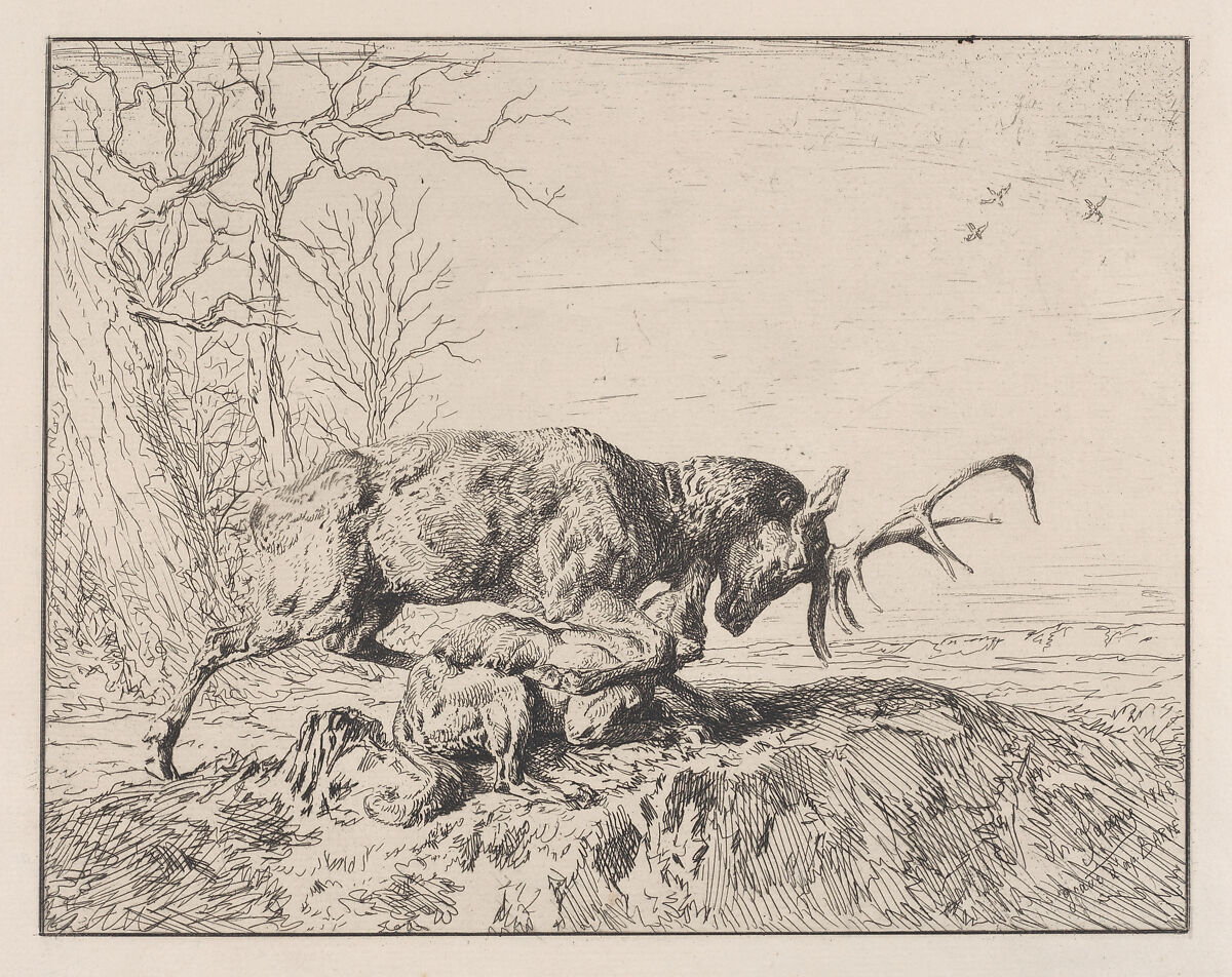 Stag Fighting a Wolf, after Antoine Louis Barye, Charles Jacque (French, Paris 1813–1894 Paris), Etching 