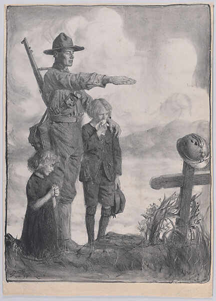 Soldiers and Children before a Grave, Lucien Jonas (French, 1880–1947), Lithograph 