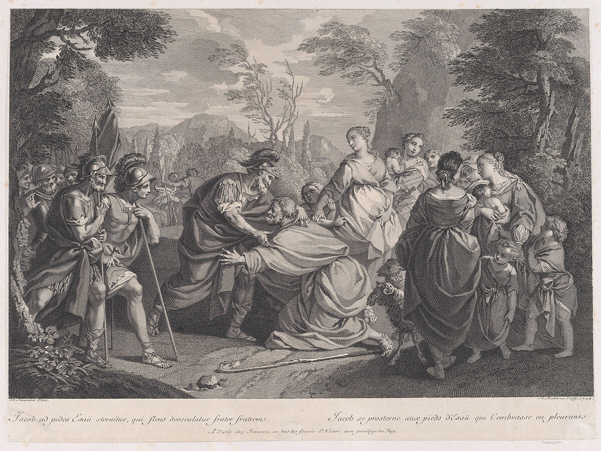 Jacob Prostrates Himself before Esau, after Etienne Jeaurat, Michel Aubert (French, 1700–1757 Paris), Etching 