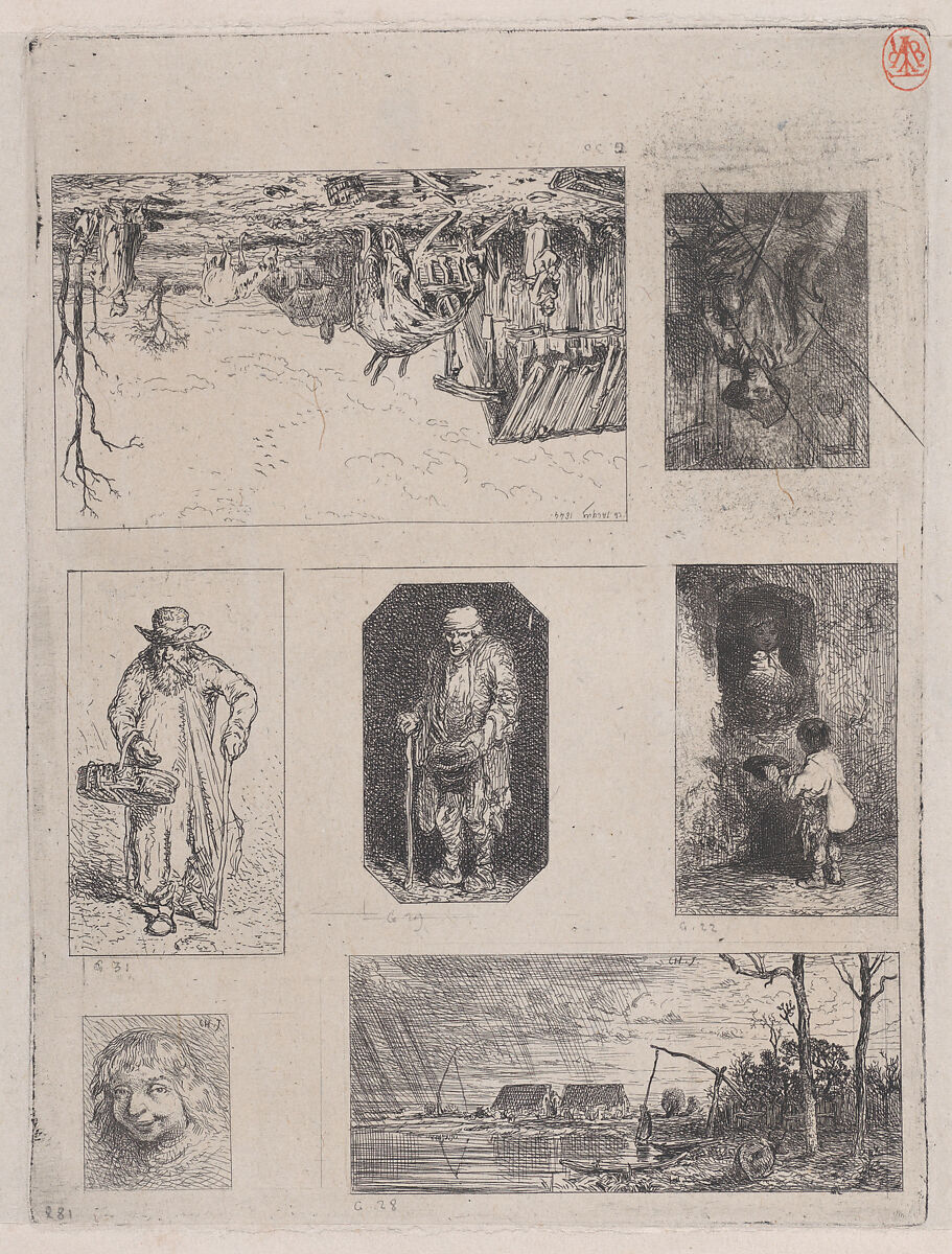 Farmyard Landscape (a), Seated Peasant (b), Beggar (c), Beggar (d), Little Beggar (e), Head of a Breton (f), and Fishing Landscape (g), Charles Jacque (French, Paris 1813–1894 Paris), Etching 