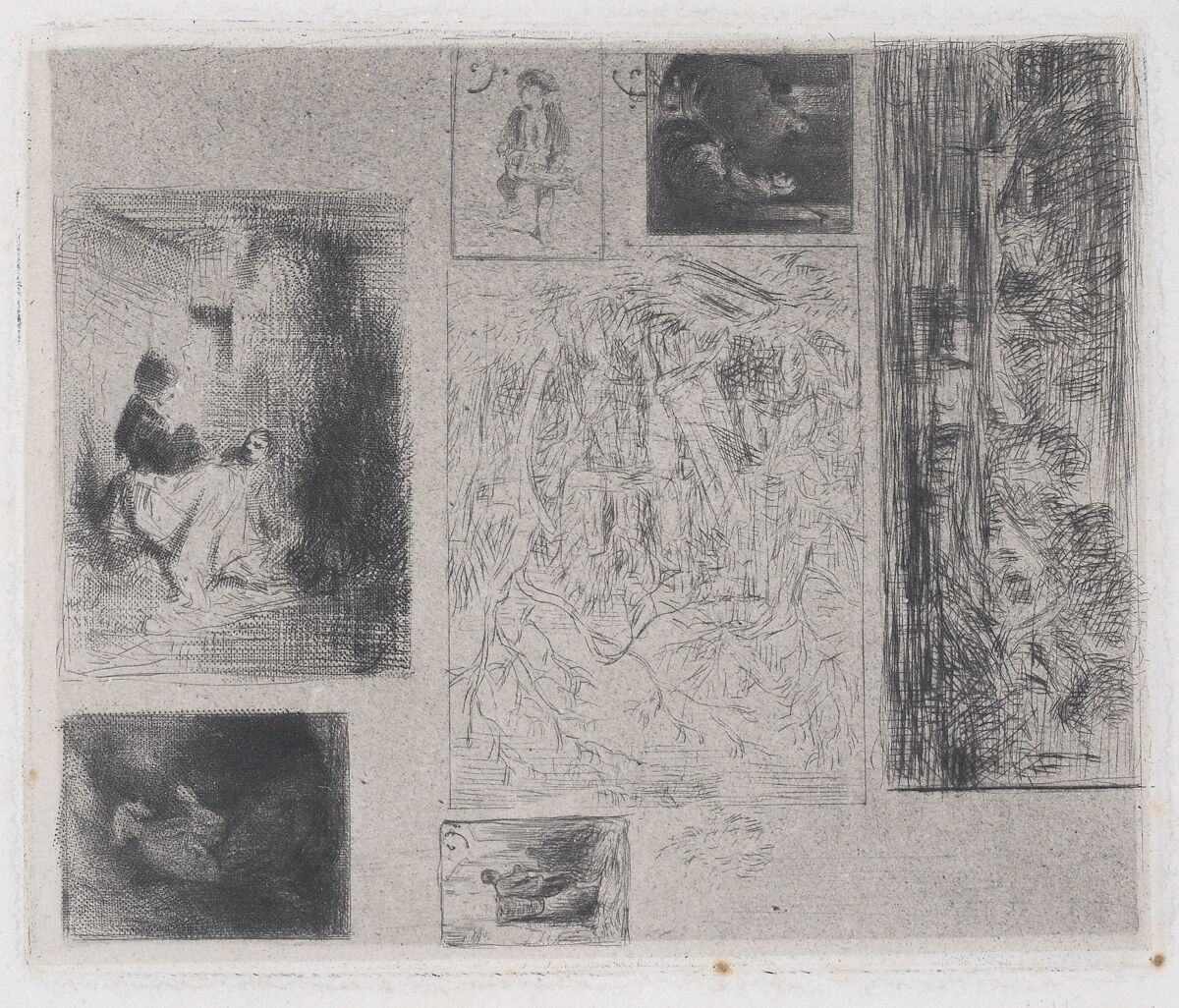 Composite plate: Woman and Children (a), Old Musician (b), Frying Merchant (c),  Landscape (d), Landscape (e), Praying Monk (f), and Scavenger (g), Charles Jacque (French, Paris 1813–1894 Paris), Drypoint 