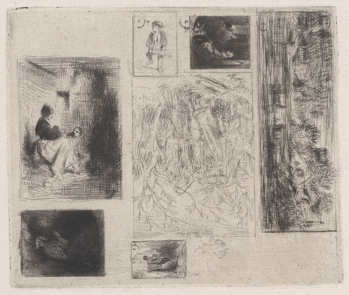 Composite plate: Woman and Children (a), Old Musician (b), Frying Merchant (c),  Landscape (d), Landscape (e), Praying Monk (f), and Scavenger (g), Charles Jacque (French, Paris 1813–1894 Paris), Drypoint 