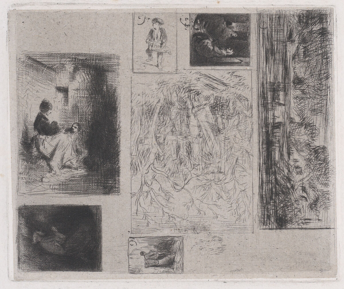 Composite plate: Woman and Children (a), Old Musician (b), Frying Merchant (c),  Landscape (d), Landscape (e), Praying Monk (f), and Scavenger (g), Charles Jacque (French, Paris 1813–1894 Paris), Drypoint 