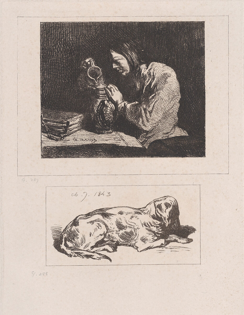 Bust of a Man (a) and Sleeping Dog (b), Charles Jacque (French, Paris 1813–1894 Paris), Etching 