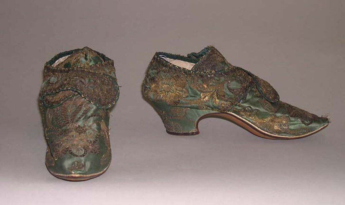 Shoes, (a, b) silk, gold, leather, European