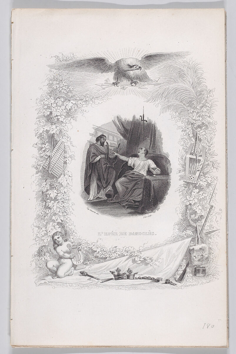 The Sword of Damocles, from "The Songs of Béranger", Eugène Devéria (French, Paris 1805–1865 Pau), Intaglio 