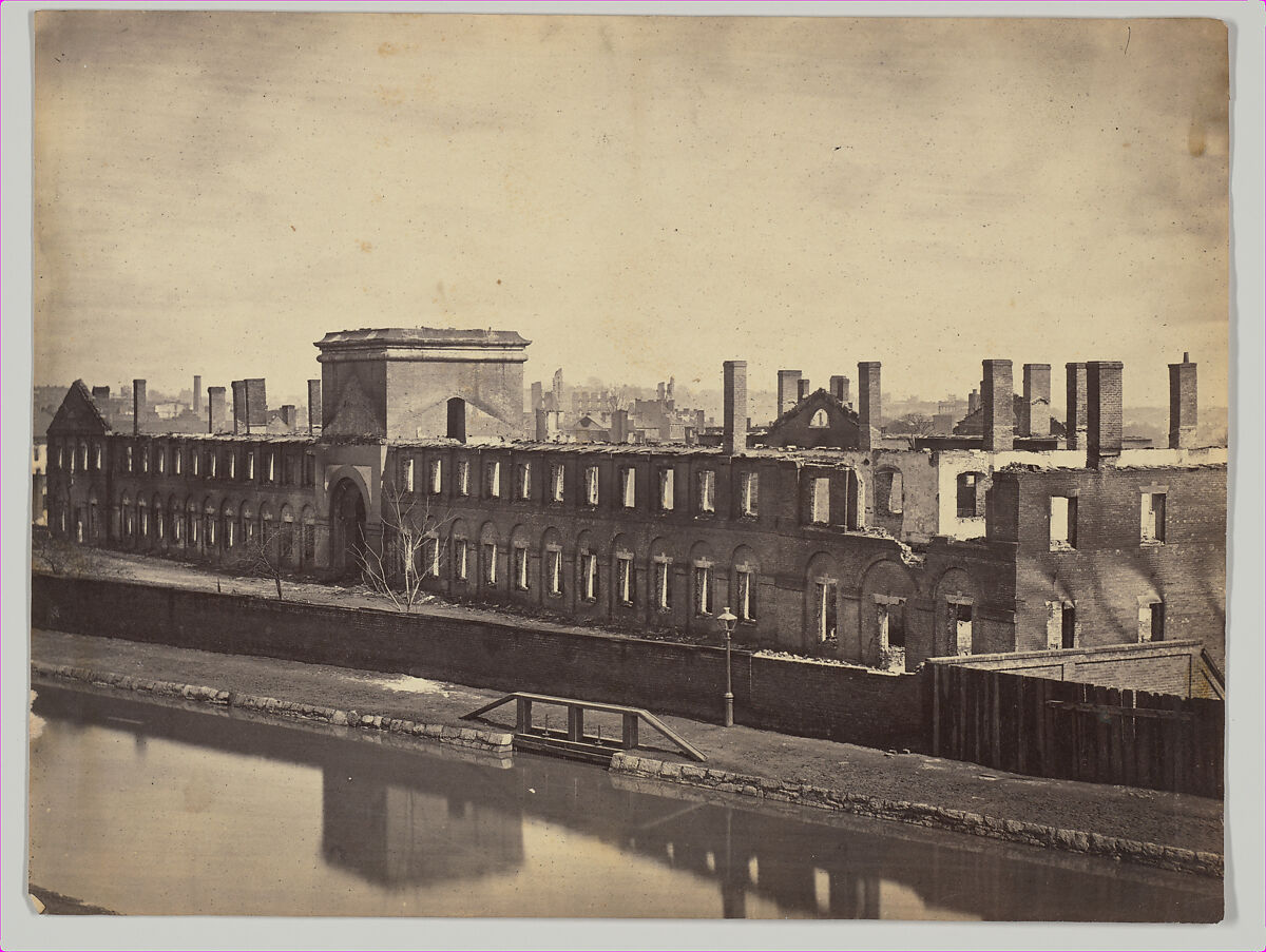 [Ruins of the State Arsenal from the Canal, Richmond, Virginia], Alexander Gardner (American, Glasgow, Scotland 1821–1882 Washington, D.C.), Albumen silver print from glass negative 