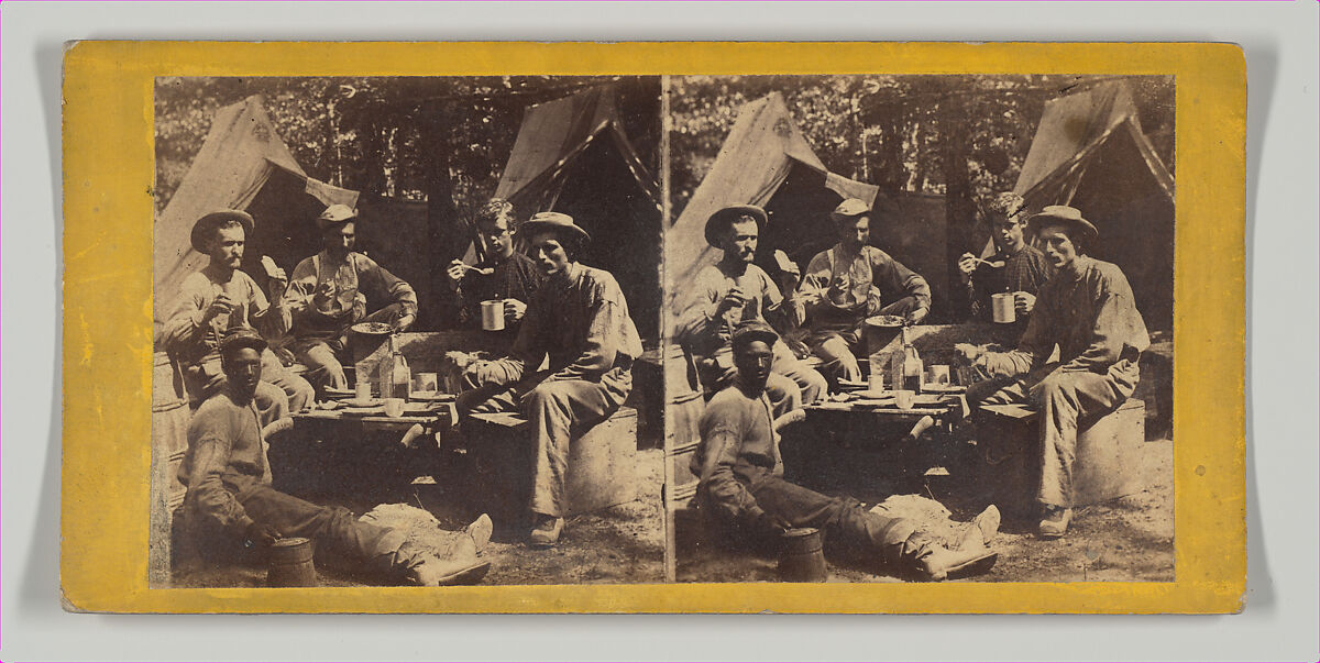 Camp Scenes, Army of the Potomac. Camp Dinner., Thomas C. Roche (American, 1826–1895), Albumen silver print from glass negative 