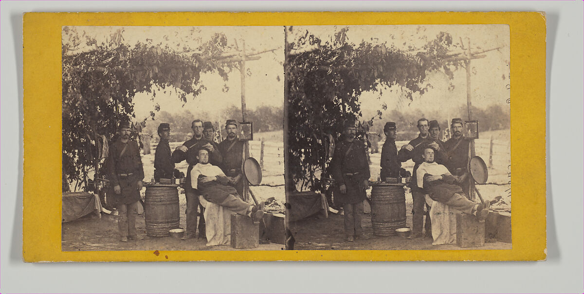 Camp Scenes, Army of the Potomac. The Amateur Barber., Thomas C. Roche (American, 1826–1895), Albumen silver print from glass negative 