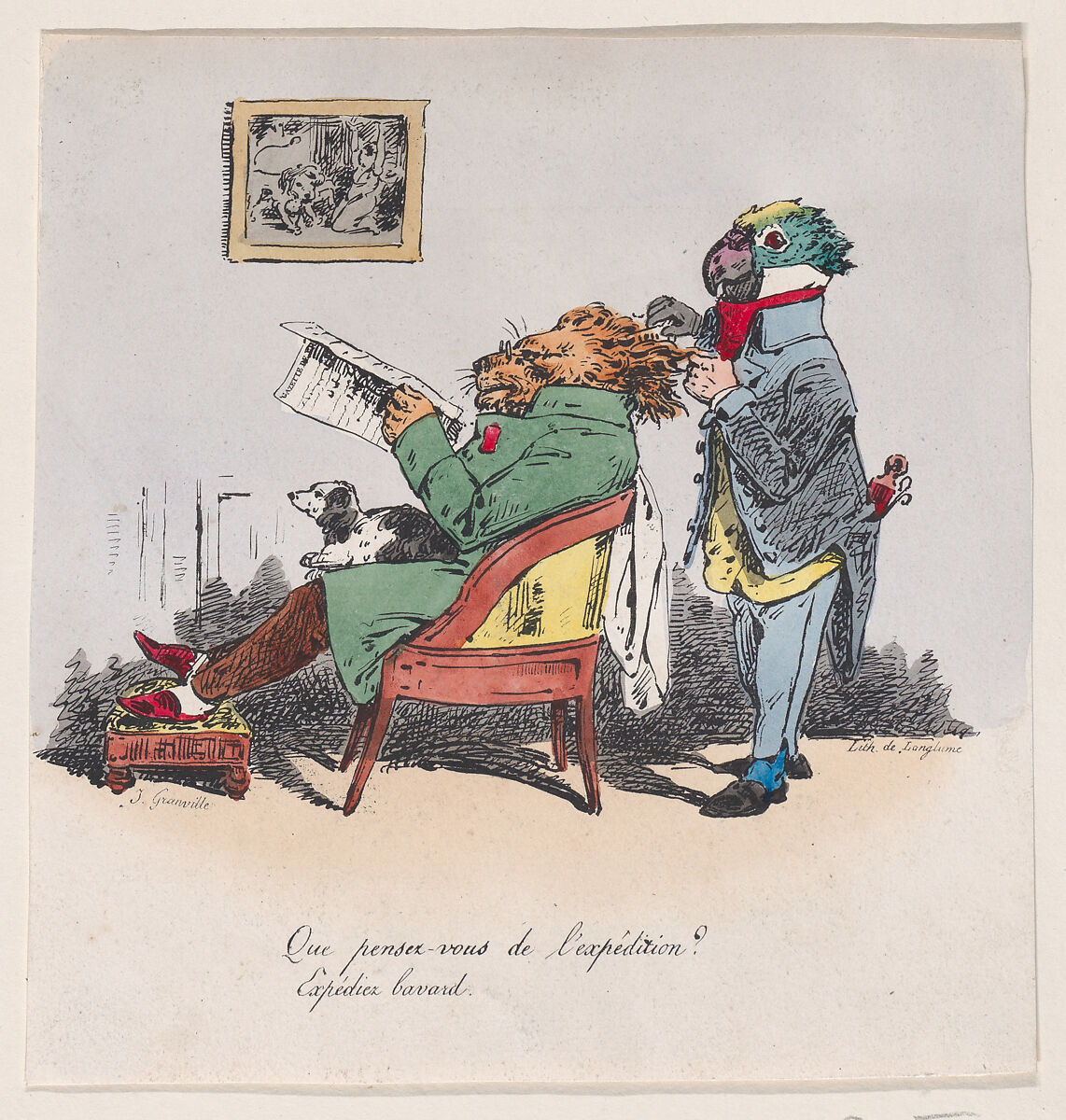 "What do you think of the expedition?" from Metamorphoses of the Day, J. J. Grandville (French, Nancy 1803–1847 Vanves), Hand-colored lithograph 