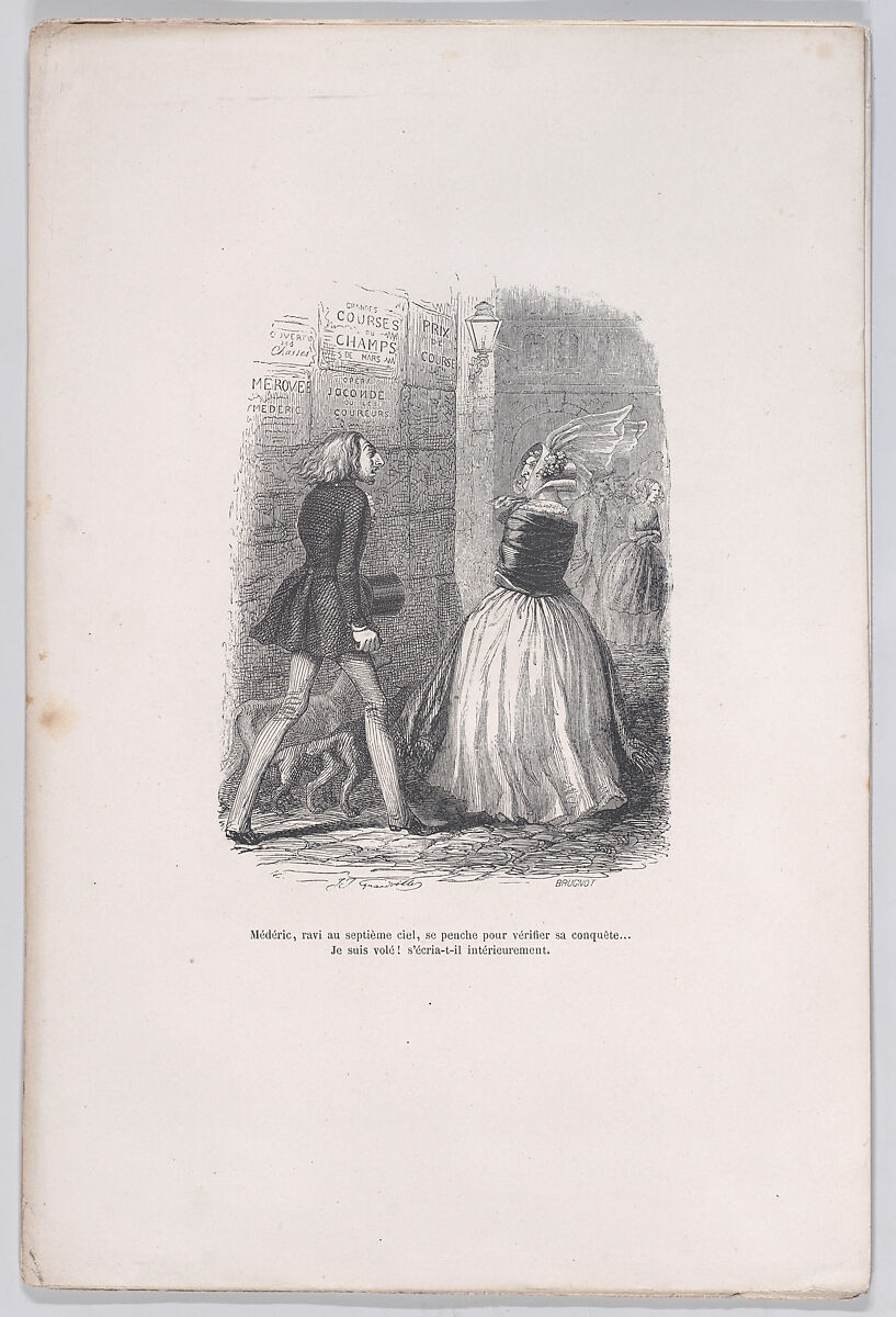 Mèderic, delighted in the seventh heaven, leans over to check his conquest..., from "Little Miseries of Human Life", J. J. Grandville (French, Nancy 1803–1847 Vanves), Wood engraving 