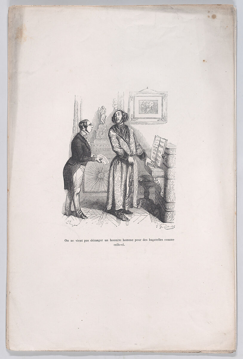 One does not bother an honest man with trifles like this, from "Little Miseries of Human Life", J. J. Grandville (French, Nancy 1803–1847 Vanves), Wood engraving 