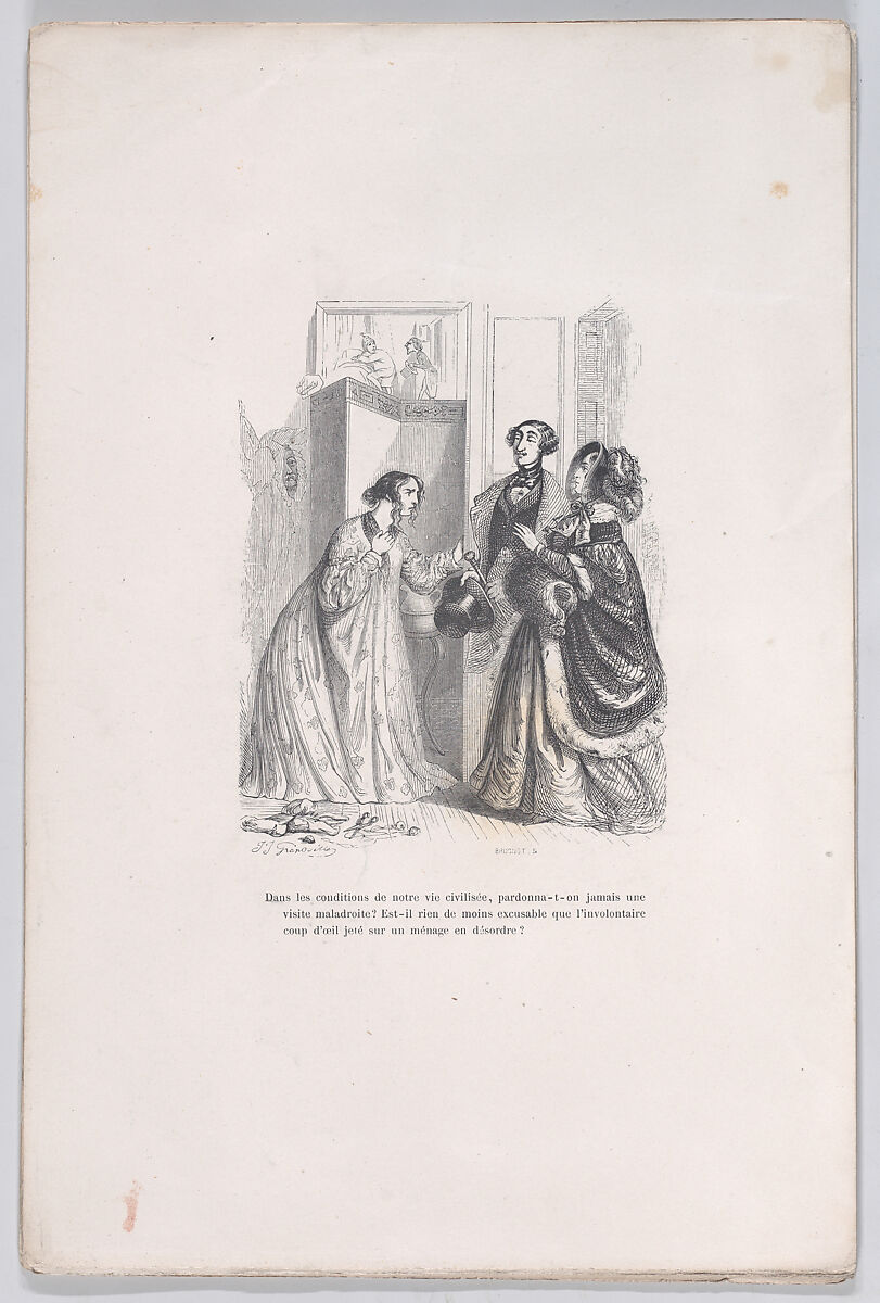 Did anyone ever forgive an awkward visit?, from "Little Miseries of Human Life", J. J. Grandville (French, Nancy 1803–1847 Vanves), Wood engraving 