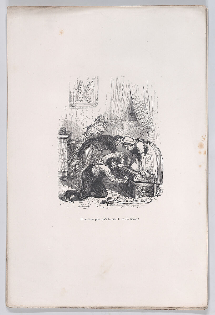 All that remains is to close the blessed trunk!, from "Little Miseries of Human Life", J. J. Grandville (French, Nancy 1803–1847 Vanves), Wood engraving 