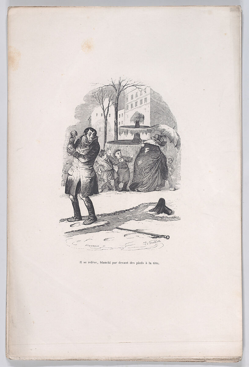 He gets up, covered from head to toe in snow, from "Little Miseries of Human Life", J. J. Grandville (French, Nancy 1803–1847 Vanves), Wood engraving 