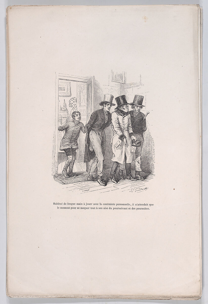 He was only waiting to make fun of the pursuer and the pursuit, from "Little Miseries of Human Life", J. J. Grandville (French, Nancy 1803–1847 Vanves), Wood engraving 