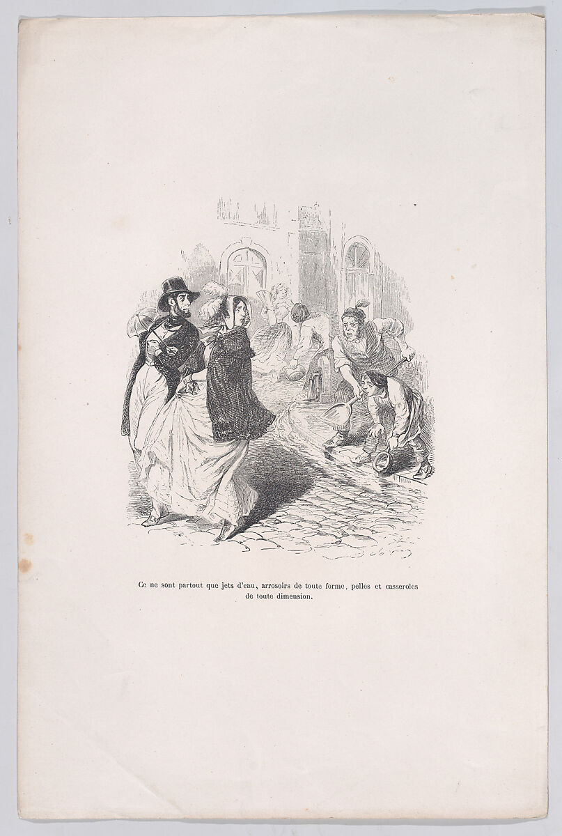 Only everywhere are water faucets, watering cans of any shape, shovels and pots of any size, from "Little Miseries of Human Life", J. J. Grandville (French, Nancy 1803–1847 Vanves), Wood engraving 