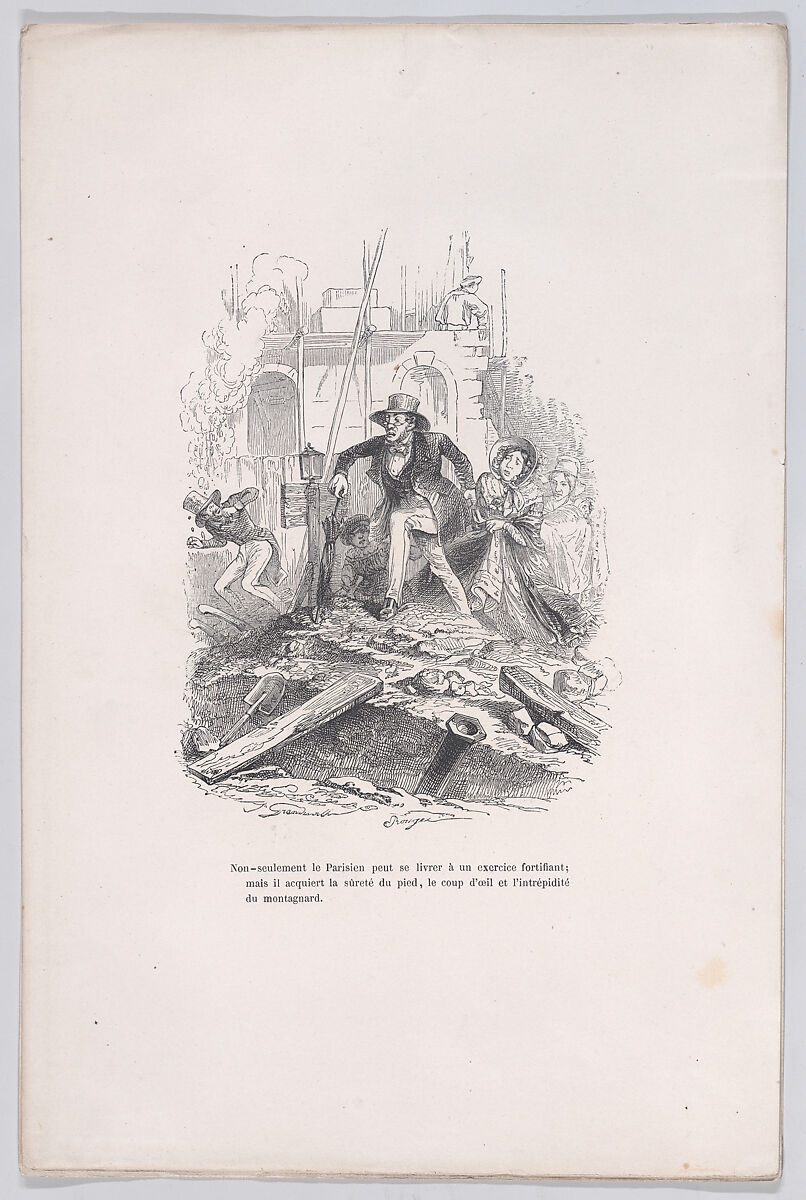 Not only can the Parisian engage in a strengthening exercise; but he acquires the safety of the foot, the glance and the intrepidity of the mountaineer, from "Little Miseries of Human Life", J. J. Grandville (French, Nancy 1803–1847 Vanves), Wood engraving 