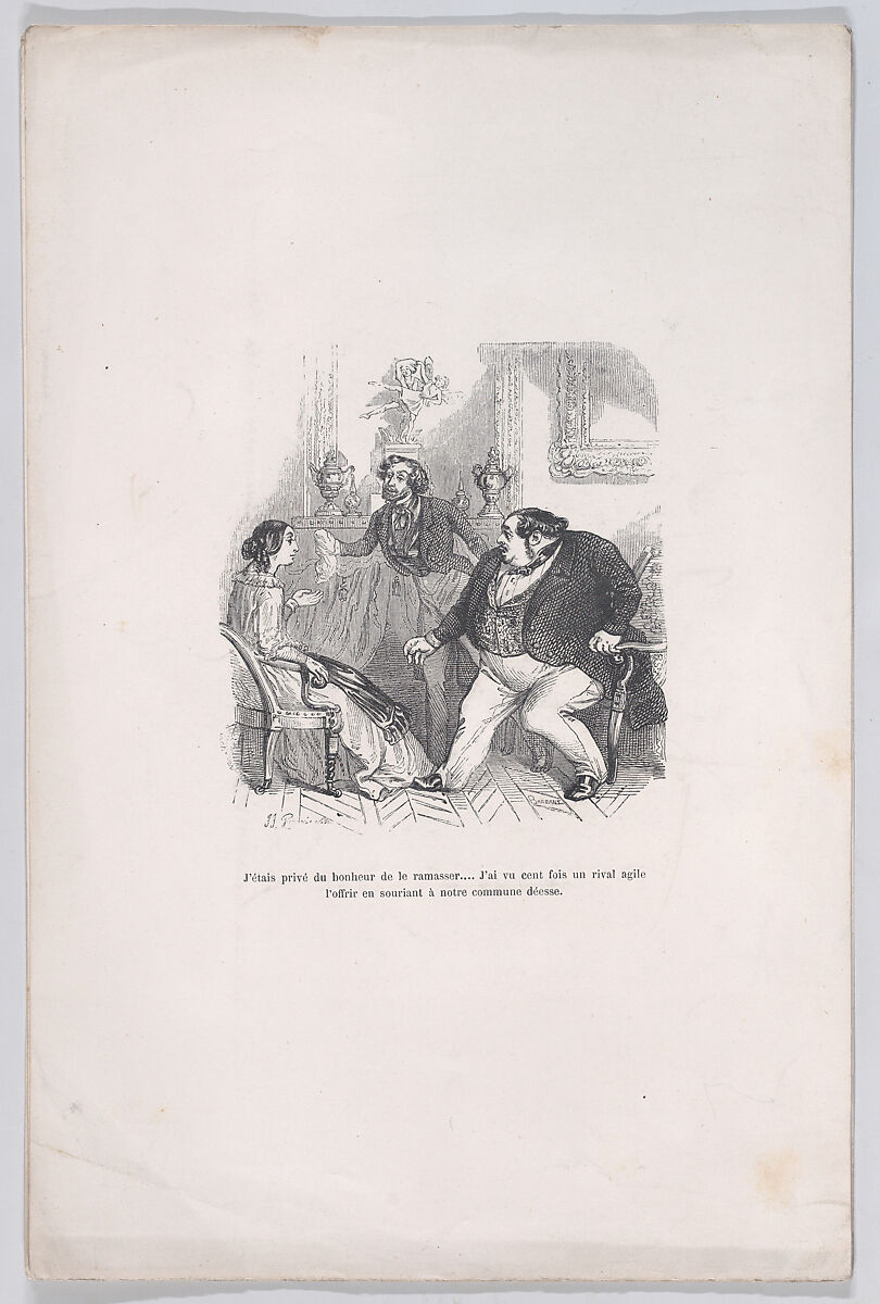 I was deprived of the happiness to pick it up... I saw a hundred times an agile rival offer it smiling to our common goddess, from "Little Miseries of Human Life", J. J. Grandville (French, Nancy 1803–1847 Vanves), Wood engraving 