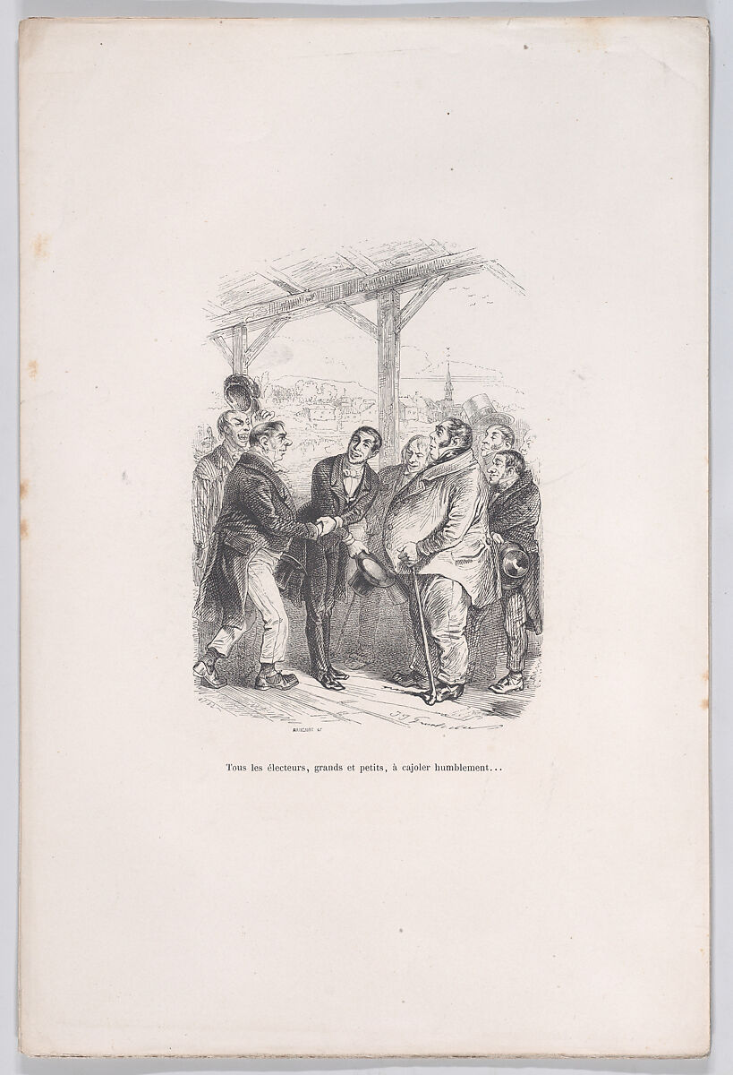 All voters, big and small, gather to humbly coax each other..., from "Little Miseries of Human Life", J. J. Grandville (French, Nancy 1803–1847 Vanves), Wood engraving 