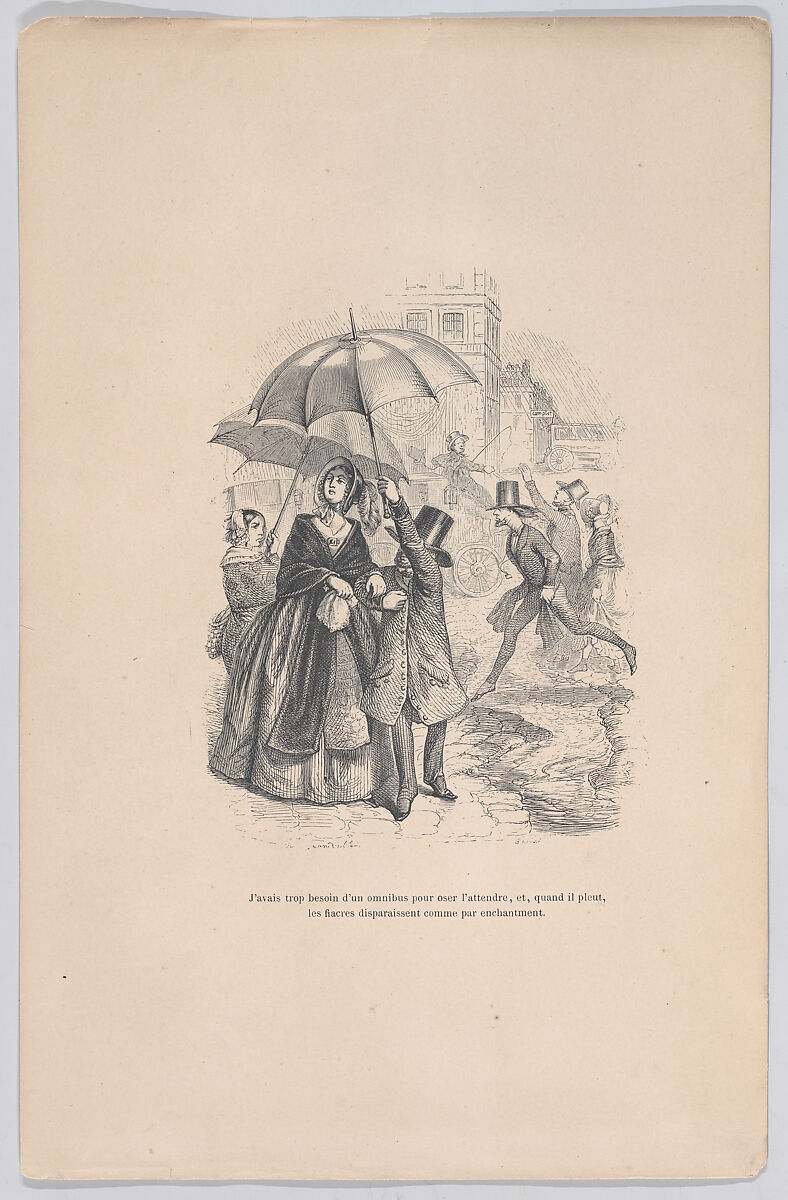 I was in too much need of an omnibus, but as soon as it starts raining, they all seem to disappear as if by magic, from "Little Miseries of Human Life", J. J. Grandville (French, Nancy 1803–1847 Vanves), Wood engraving 