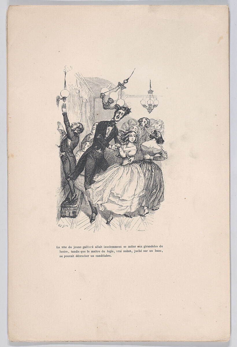 The head of the young fellow insolently mingled with the candlesticks of the chandelier, from "Little Miseries of Human Life", J. J. Grandville (French, Nancy 1803–1847 Vanves), Wood engraving 