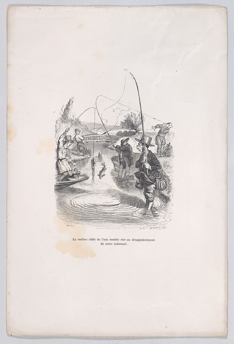 The rippling water seems to be mocking our misfortune, from "Little Miseries of Human Life", J. J. Grandville (French, Nancy 1803–1847 Vanves), Wood engraving 