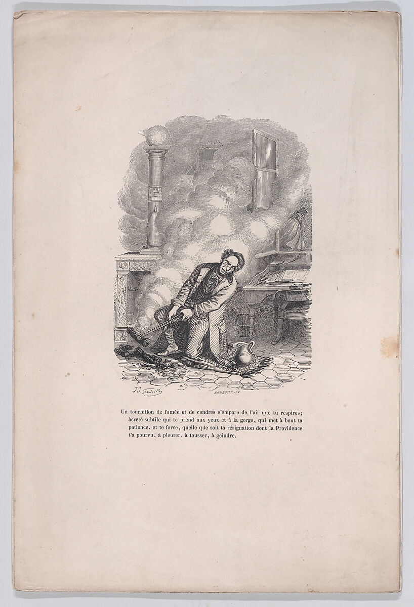 A whirlwind of smoke and ashes seizes the air you breathe, from "Little Miseries of Human Life", J. J. Grandville (French, Nancy 1803–1847 Vanves), Wood engraving 