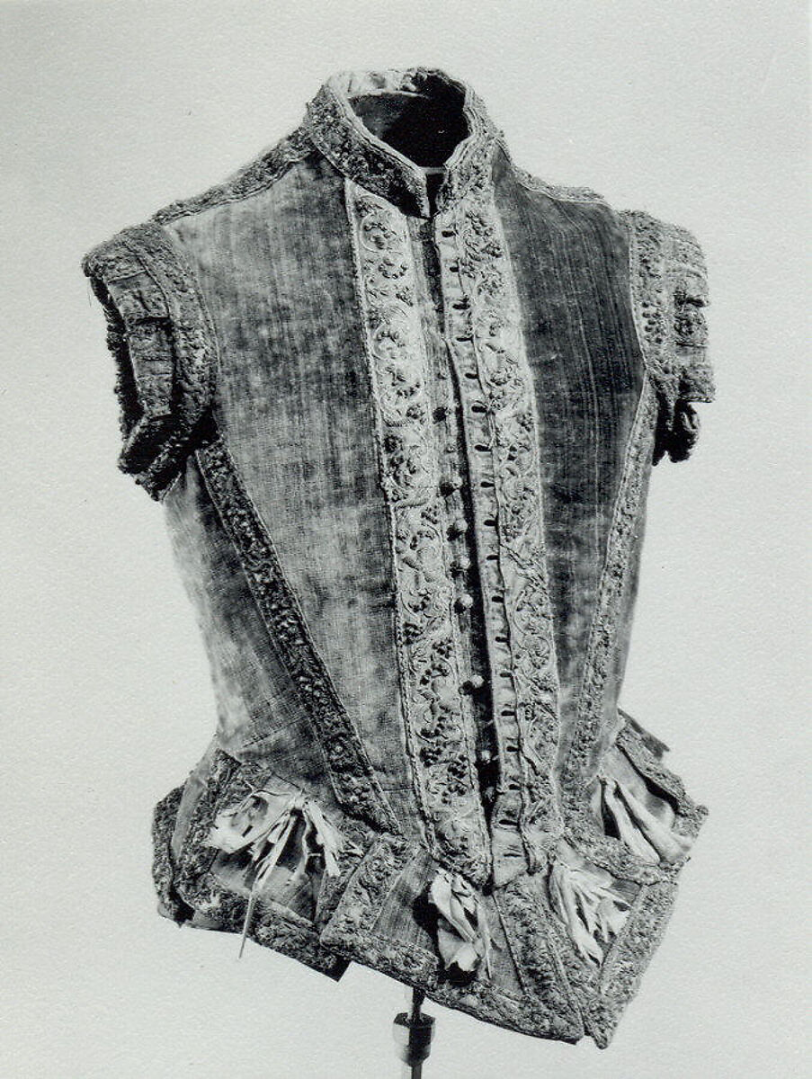 Doublet, silk, metallic thread, brass, European